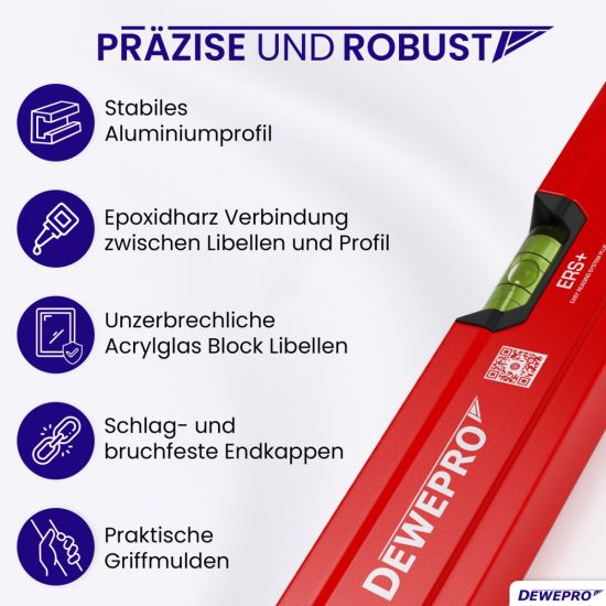 Wasserwaage Aluminium (rot) - 2 Libellen / 30cm - 200cm