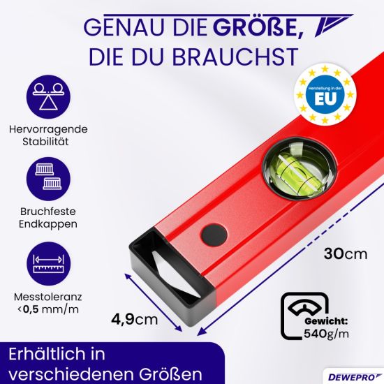 Wasserwaage Aluminium (rot) - 2 Libellen / 30cm - 200cm